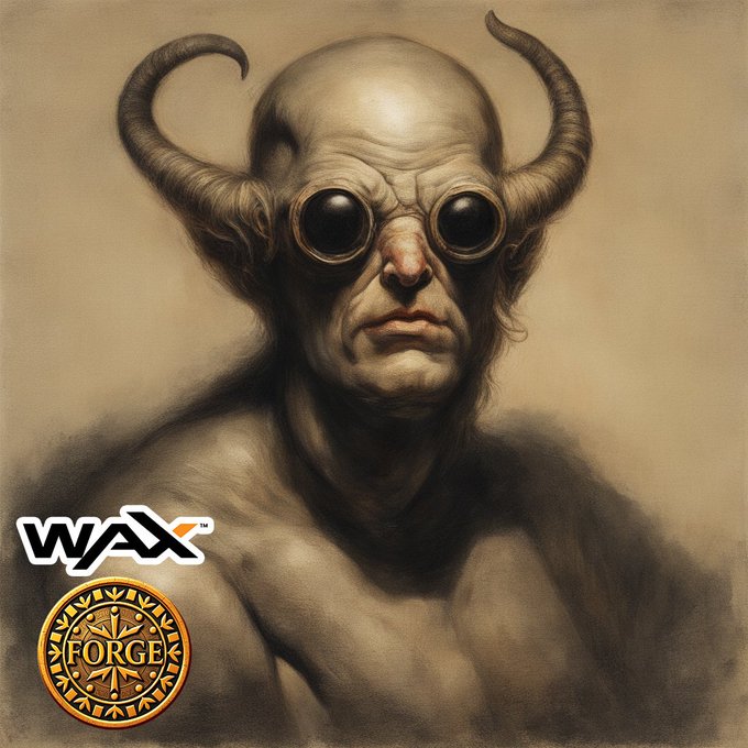 A surreal, unsettling portrait painting depicts a horned, humanoid creature with large bulging eyes, accompanied by 'WAX' and 'FORGE' logos in the lower left corner.