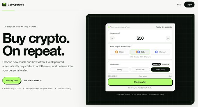 The CoinOperated website homepage promotes "Buy crypto. On repeat." — a service that automatically buys Bitcoin or Ethereum on schedule (hourly, twice a day, or once a day) and delivers it to a personal wallet, powered by 1Shot.