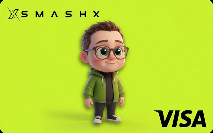 A 3D animated character with glasses and a green hoodie stands against a bright green background featuring "SMASHX" and "VISA" logos, visually promoting the possibility of ordering a personalized SmashX Visa card.