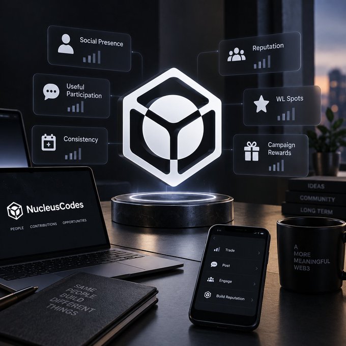 A futuristic dark-themed workspace displays a glowing hexagonal "NucleusCodes" logo surrounded by floating UI panels labeled "Social Presence," "Useful Participation," "Consistency," "Reputation," "WL Spots," and "Campaign Rewards," while a laptop screen shows "NucleusCodes — People, Contributions, Opportunities" and a smartphone lists actions like "Trade," "Post," "Engage," and "Build Reputation." A black notebook in the foreground reads "SAME PEOPLE BUILD DIFFERENT THINGS," reinforcing the post's message that genuine Web3 contribution is measured by consistent, meaningful engagement rather than sheer volume of activity.