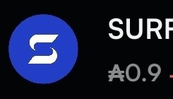 A SURF token logo and ticker are displayed alongside the current price of 0.9, supporting the post's celebration of SURF recovering from a dip to $0.84 back up to $0.90.