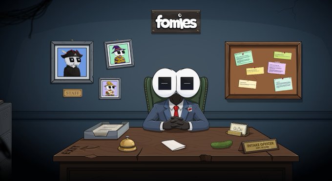 A cartoon illustration shows a frog-like character with large white eyes sitting behind a desk labeled "INTAKE OFFICER," with framed portraits on the wall and a corkboard filled with notes, depicting the quirky office simulation described in the post about the Fomies NFT mint application process.