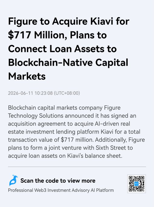 The image features a screenshot of a website banner that appears to be an advertisement for a deal involving cryptocurrency technology, real estate, or both. The banner includes the text "Focus on what is in the image" and "M&A Alert: Figure Technology Solutions is acquiring AI-powered real estate lender Kiavi". The post seems to discuss mergers between companies related to cryptocurrency markets and real estate markets. The company's name, Figure Technology Solutions, is displayed above a summary of the deal they are offering, which includes an investment in a tech company named AI and a partnership with Sixth Street regarding loan assets on their balance sheet.