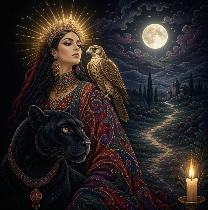 An ornate illustration depicts a crowned woman with a falcon on her shoulder and a black panther at her side, set against a moonlit landscape with a lit candle.