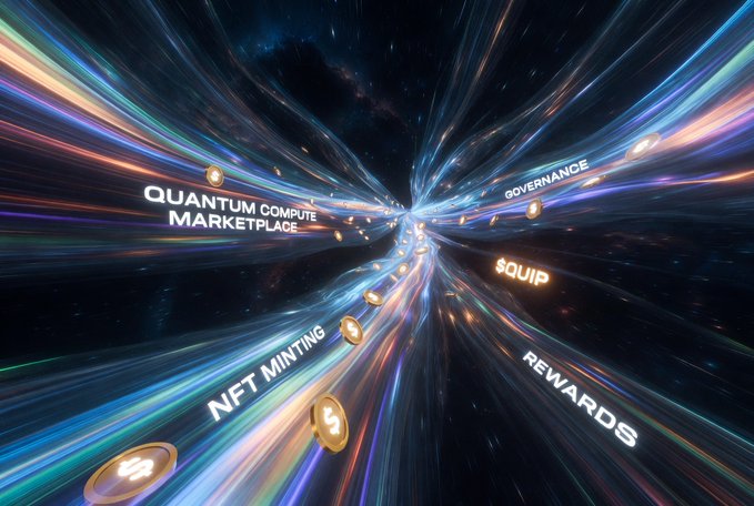 The image shows a futuristic scene with a black background featuring a spiral-like pattern, which appears to be a virtual reality environment. The words "QUIP utility just got even stronger" are written above the spiral, while "Eigen Keys" is below it. The text also mentions "NFT mining", "mining rewards", and "mining optimization benchmarks". The image seems to be related to the world of cryptocurrency or blockchain technology, as indicated by the presence of Bitcoin and NFTs in the scene.