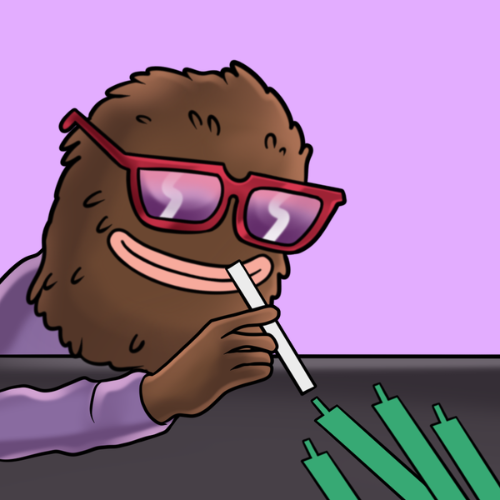 A digital cartoon illustration features a brown, furry character wearing red sunglasses, smoking a white cigarette through a green, clawed glove against a light purple background.