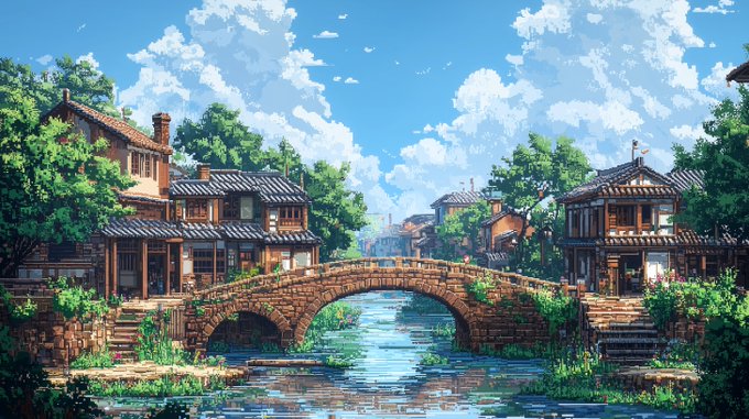 A pixel-art style illustration of a serene Asian village with traditional tiled-roof houses on either side of a calm canal, featuring a stone arch bridge in the foreground under a bright blue sky with fluffy clouds.