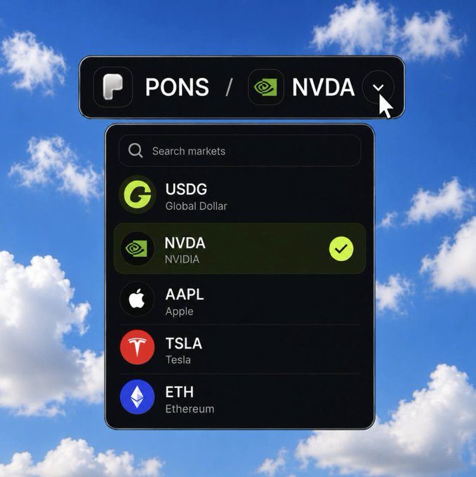 A dark-themed trading interface floats against a blue sky with clouds, displaying a market selector dropdown for swapping "PONS" and "NVDA" (NVIDIA), with a list of tradable assets including USDG, NVDA, AAPL (Apple), TSLA (Tesla), and ETH (Ethereum), teasing the upcoming "pons v2" platform's sleek redesign.