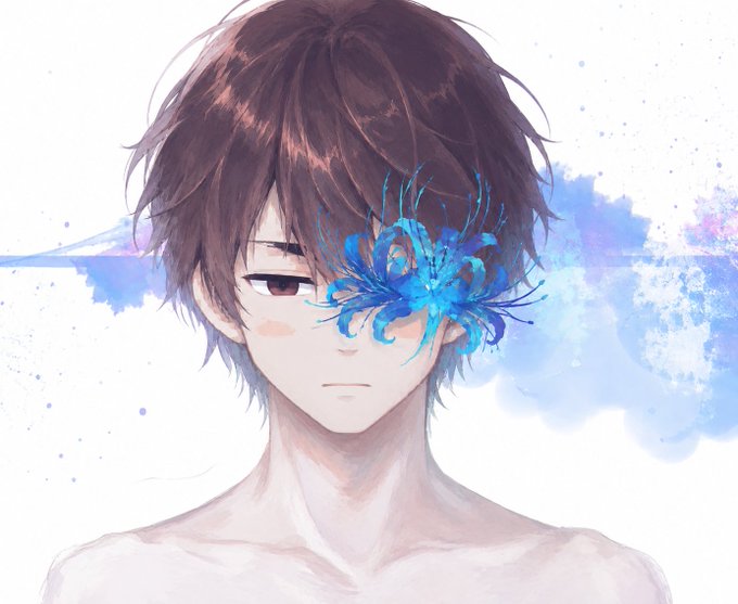 An anime-style illustration of a young man with brown hair, his right eye covered by a vibrant blue spider lily flower against a watercolor sky backdrop. The dreamy, ethereal artwork complements the whimsical "Happy Weekend Humans" greeting, evoking a sense of calm and quiet introspection to start the weekend.