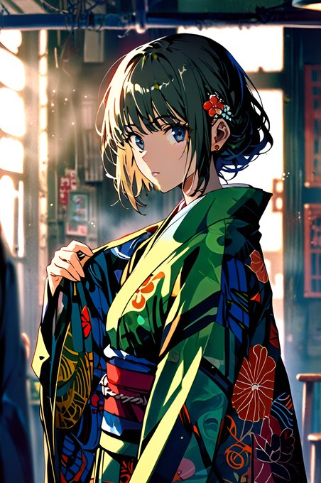 An anime-style illustration of a young woman with dark hair and blue eyes wearing a colorful green, blue, and red traditional Japanese kimono with floral patterns, standing in what appears to be an urban alleyway.