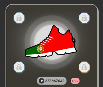 The image features a shoe with the colors of the Portuguese flag, including red, green, and white. The shoe appears to be a sneaker or athletic shoe, as indicated by its design. The shoe is placed against a black background, which contrasts with the vibrant colors of the shoe. In addition to the shoe, there are four lockets in the image, each representing a different country: Portugal, Spain, France, and Germany. These lockets are arranged around the shoe, creating an interesting visual effect that highlights the connection between the shoe's design and the countries it represents.
