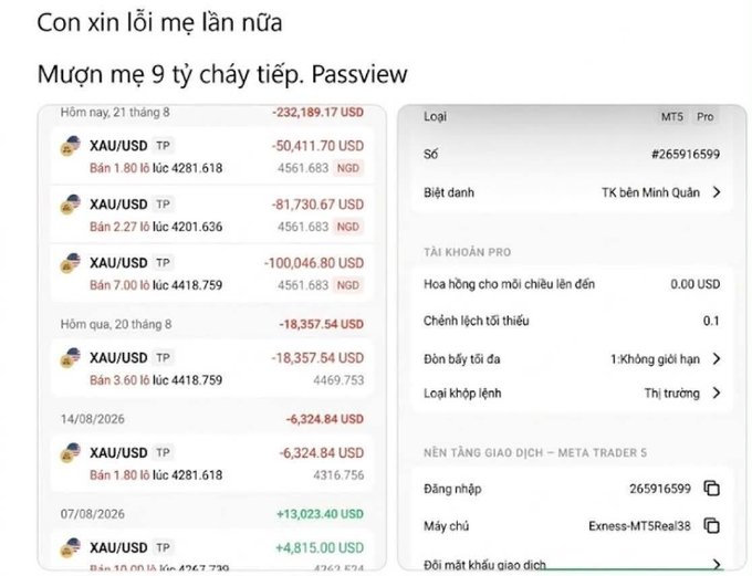 A screenshot in Vietnamese of a trading account showing multiple XAU/USD trades with large losses, with text reading 'Mượn mẹ 9 tỷ cháy tiếp. Passview' and account details for 'TK bên Minh Quân'.