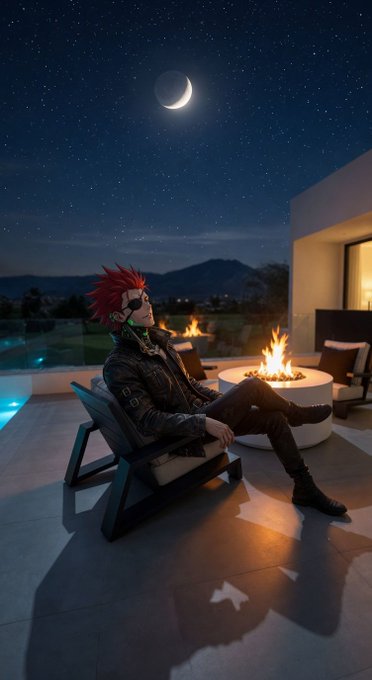 A stylized figure with spiky red hair and sunglasses relaxing in a lounge chair on a modern patio at night, with a crescent moon and starry sky above and a fire pit nearby.
