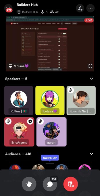 A Discord screenshot shows the "Builders Hub" voice channel with 418 active participants, featuring speakers including "iLolaaa💜," "Rollins 🇧🇩," "Koushik Nirl," "EricArgent," and "aurah," alongside a live stream displaying the "Rialo Builders Quest" dashboard for GitHub repository creation. The image visualizes the large-scale developer engagement described in the post, capturing the live community gathering where 450+ RialoHQ builders connected to transform ideas into real products.