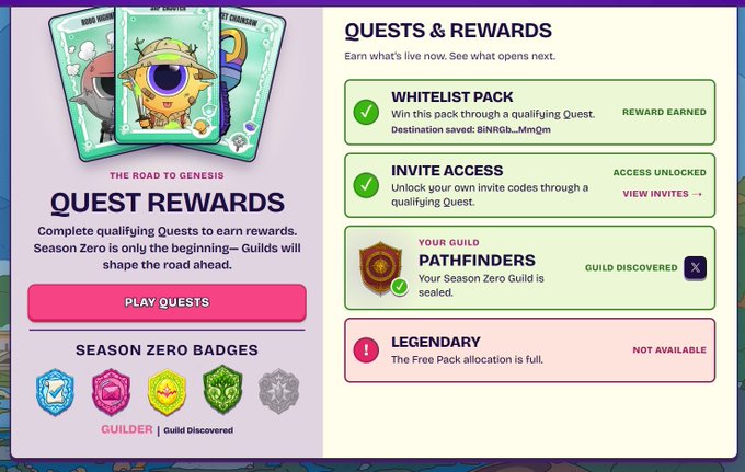 A 'The Road to Genesis' Quest Rewards interface showing a Whitelist Pack earned, Invite Access unlocked, and Guild 'Pathfinders' discovered for Season Zero badges.