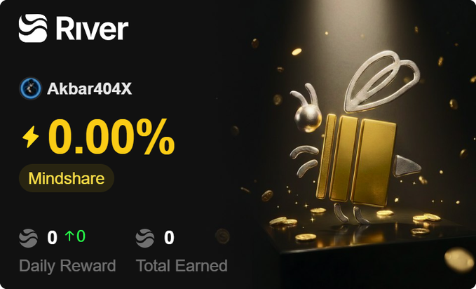 A River app dashboard showing user 'Akbar404X' with 0.00% Mindshare, 0 Daily Reward, and 0 Total Earned, featuring a gold bar with a bee character on the right.