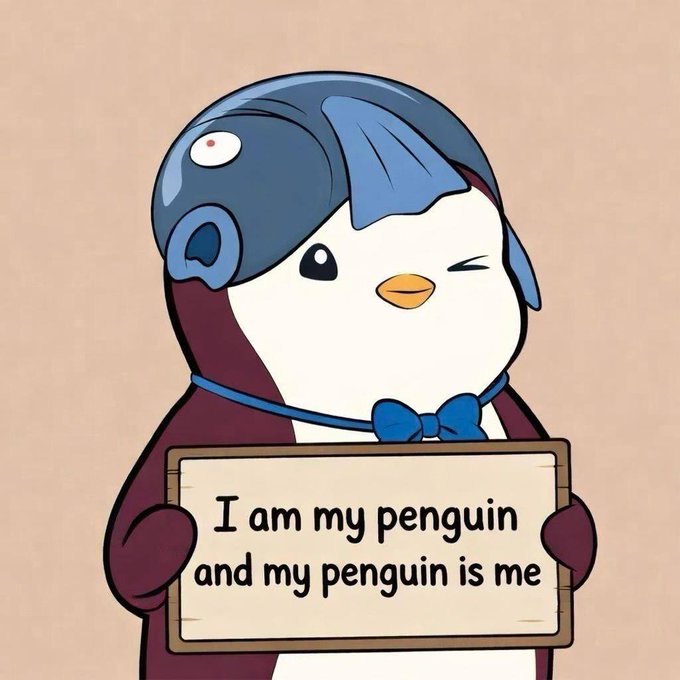 An animated cartoon penguin with a blue cap winks while holding a sign that reads, "I am my penguin and my penguin is me."