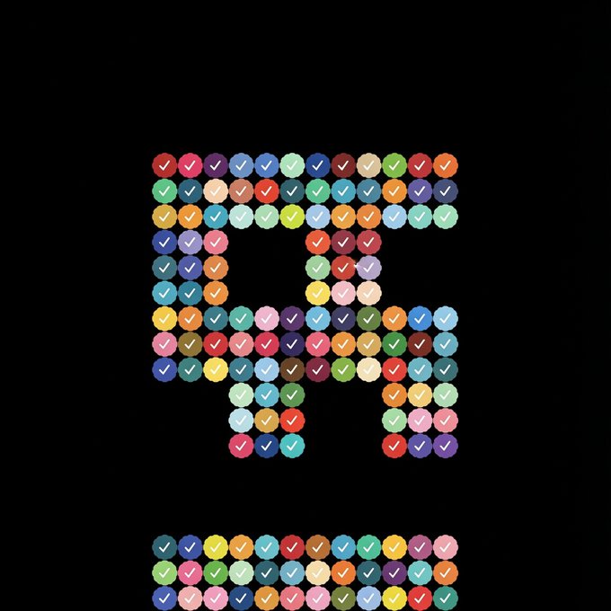 A pixel art style image forms a shape resembling a face using a grid of colorful circles, each containing a white checkmark on a black background.