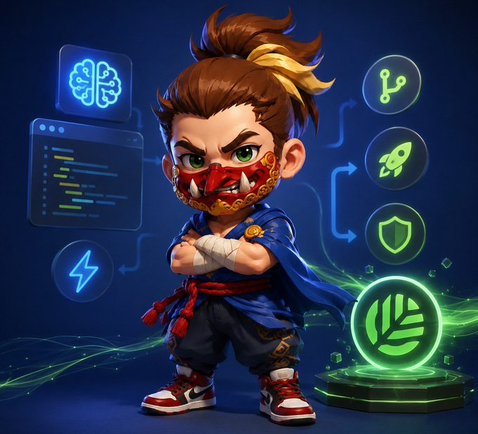 Chibi-style illustration of a young ninja warrior character with a red oni mask, blue outfit, and bandaged arms, surrounded by green tech-themed icons including AI, rocket, shield, lightning bolt, and a leaf symbol on a pedestal.