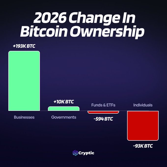 Bar chart titled "2026 Change In Bitcoin Ownership" showing Businesses leading accumulation at +193K BTC and Governments at +10K BTC, contrasted against outflows from Funds & ETFs (-594 BTC) and Individuals (-93K BTC), illustrating the institutional-versus-retail divergence highlighted in the post.