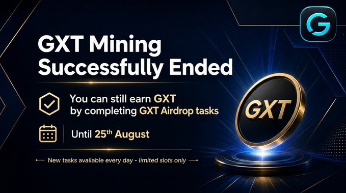 A banner announces 'GXT Mining Successfully Ended' noting that GXT can still be earned through airdrop tasks until 25th August, with new tasks available daily in limited slots, featuring a gold GXT coin graphic.