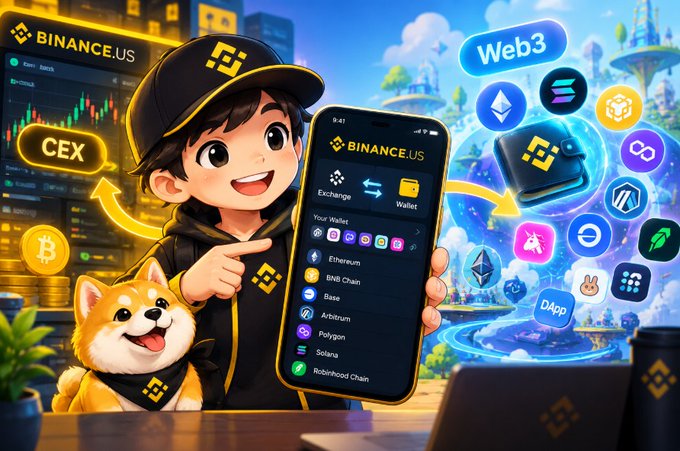 An illustrated Binance.US promotional image featuring a cartoon boy with a Shiba Inu dog, a phone displaying crypto wallet options (Ethereum, BNB Chain, Base, Arbitrum, Polygon, Solana, Robinhood Chain), and various Web3 icons.