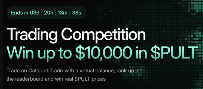 A promotional banner for a Catapult Trade trading competition, displaying a countdown timer (03d:20h:13m:38s) and announcing that participants can win up to $10,000 in $PULT prizes by trading with a virtual balance and ranking on the leaderboard.