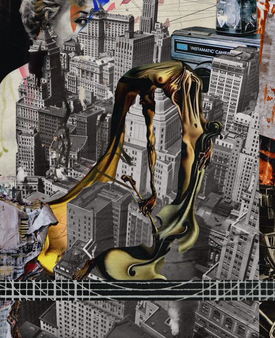 A surreal collage artwork features a metallic gold sculptural figure draped over a black-and-white cityscape, with a camera labeled 'INSTAMATIC CAMERA' visible at the top.