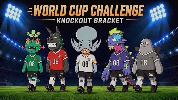 Five cartoon mascots wearing jerseys numbered "08" stand on a soccer field under stadium lights, with bold text above reading "WORLD CUP CHALLENGE - KNOCKOUT BRACKET." The image promotes the upcoming World Cup Bracket Challenge mentioned in the post, visually representing the friendly competition that will follow tonight's trivia event.