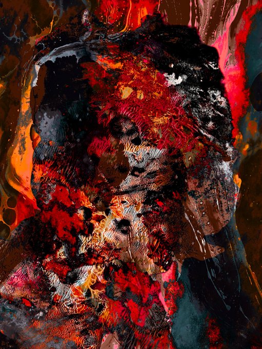 An abstract, heavily textured digital artwork featuring chaotic splashes and drips of red, black, and orange paint creating a vaguely face-like form.