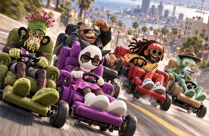 A 3D rendered illustration of five stylized cartoon characters racing in motorized wheelchairs down a sunny city road with palm trees in the background.