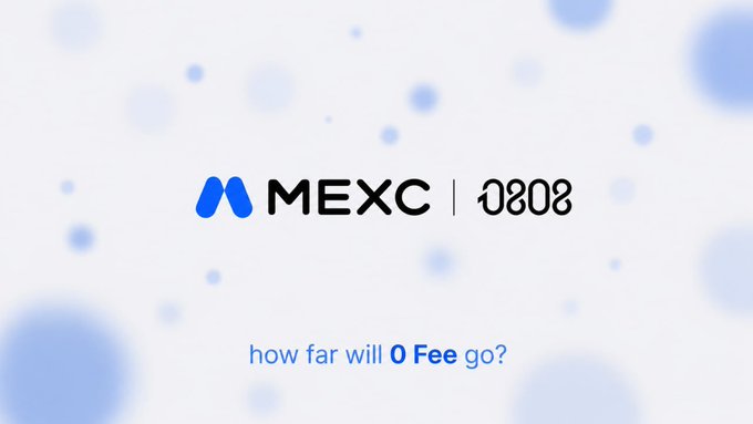 The image displays a promotional graphic featuring the MEXC logo alongside the ticker "0808" and the tagline "how far will 0 Fee go?" set against a light blue background with bokeh circles. It relates to the accompanying post by highlighting MEXC's current 0% maker and 0% taker fee promotion for eligible Stock Futures, emphasizing the exchange's competitive fee structure as a key differentiator in the U.S. stock access market.
