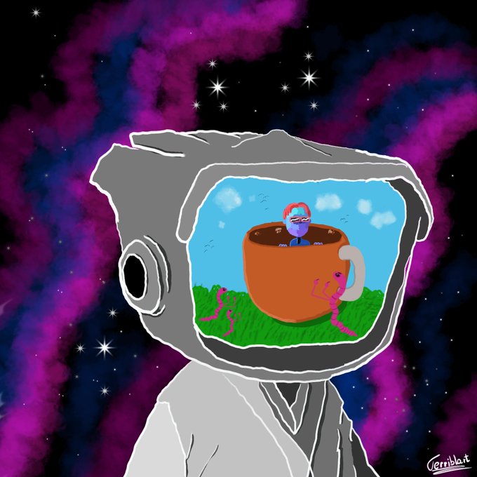 An illustration shows an astronaut helmet containing a whimsical scene of a person in a coffee cup on a grassy field, set against a purple cosmic background, signed "Jerrblatt" in the corner.