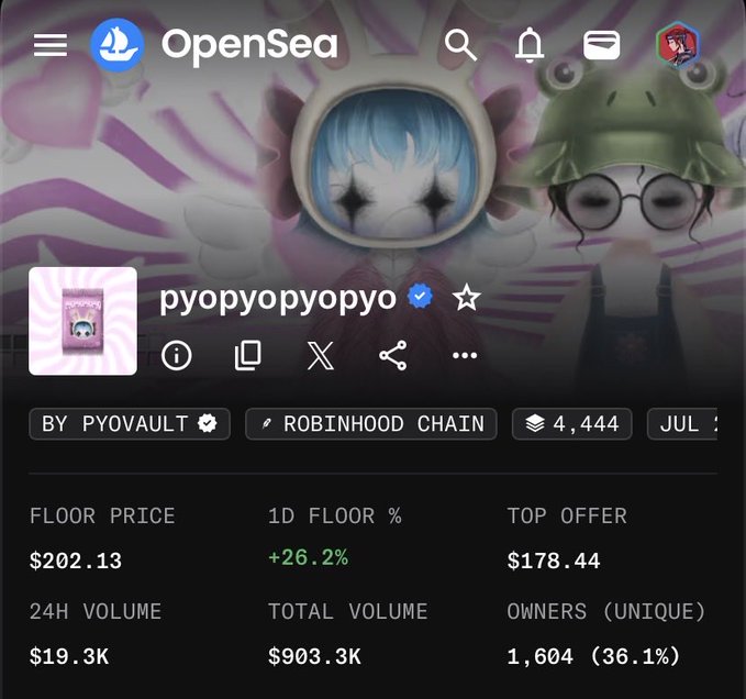 An OpenSea NFT profile page for collection 'pyopyopyopyo' on Robinhood Chain, showing a floor price of $202.13, 1D floor change of +26.2%, top offer of $178.44, 24H volume of $19.3K, and 1,604 unique owners.