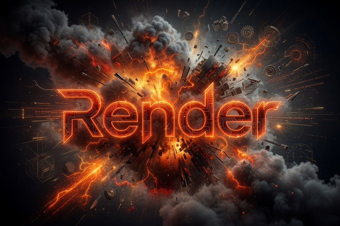 Dramatic digital artwork featuring the word 'Render' in glowing orange fiery letters, surrounded by explosions, dark smoke clouds, lightning bolts, and shattered mechanical debris.