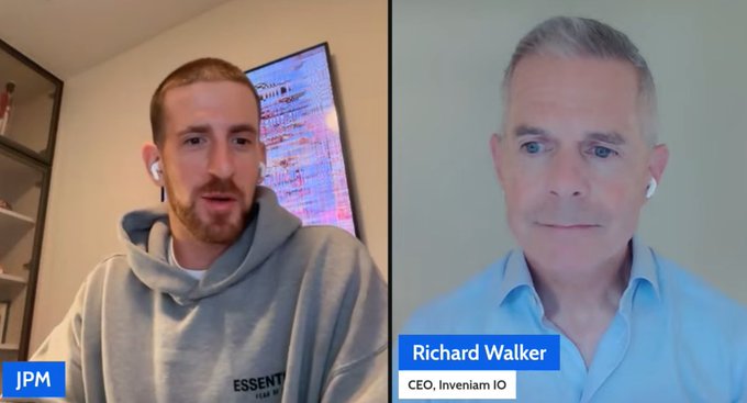 A split-screen video call shows two men in conversation, with the participant on the right identified by on-screen text as "Richard Walker, CEO, Inveniam IO." The "JPM" label in the corner suggests this is from a JPMorgan event, where Walker appears to be discussing his company's approach to tokenization and data trust as referenced in the accompanying post.