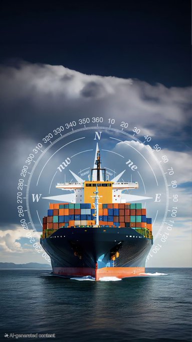 A composite image showing a large container ship sailing on the ocean under cloudy skies, overlaid with a semi-transparent compass showing cardinal directions (N, S, E, W) and degree markings.