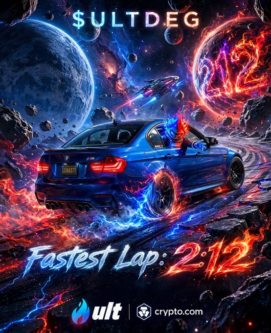 A vibrant cosmic promotional image for '$ULTDEG' displays a blue BMW with a $ULTMASTY license plate surrounded by fire and lightning effects, with text reading 'Fastest Lap: 2:12' and logos for ult and crypto.com at the bottom.