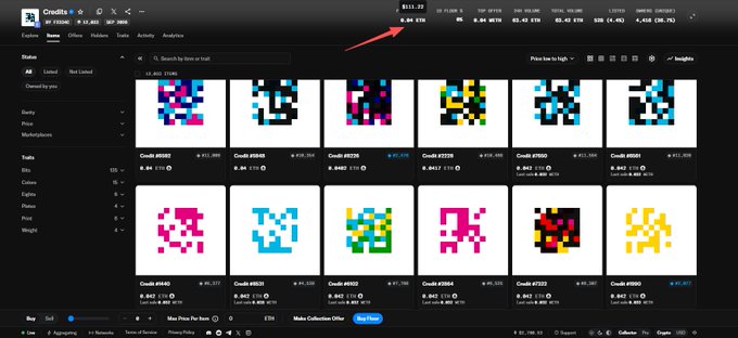 A screenshot of an NFT marketplace showing pixelated art pieces under the 'Credls' collection, with a red arrow pointing to a listing fee of '$113.32'.