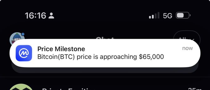 A smartphone notification shows 'Price Milestone: Bitcoin(BTC) price is approaching $65,000' received at 16:16 on a 5G connection.