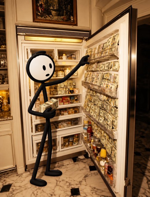 A cartoonish black stick figure with a surprised expression stands in a luxury kitchen, taking stacks of money from a refrigerator filled with cash bundles.