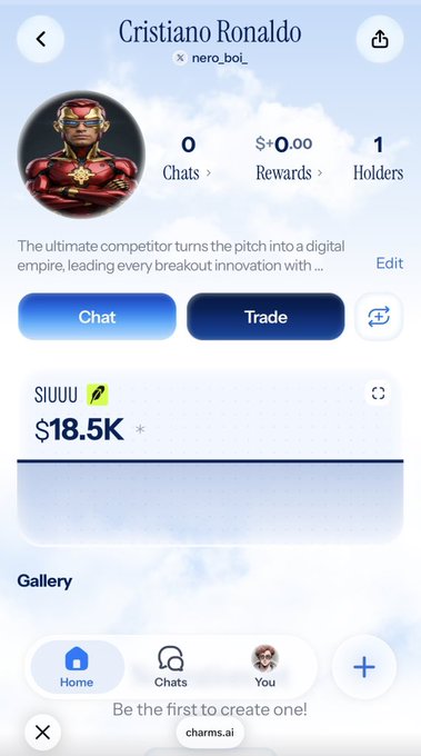 A mobile app screen showing a Cristiano Ronaldo-themed token page on what appears to be a meme coin platform, displaying 0 chats, $0.00 rewards, 1 holder, and a "SIUUU" token valued at $18.5K, with Chat and Trade buttons.