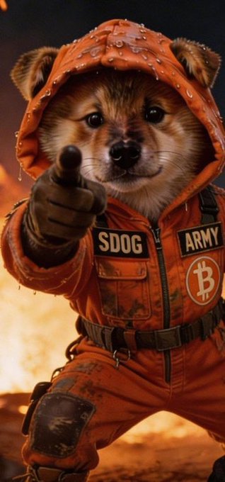 An AI-generated image of a Shiba Inu dog dressed in an orange 'SDOG ARMY' jumpsuit with a Bitcoin logo, pointing at the viewer in a fiery, battle-damaged setting.