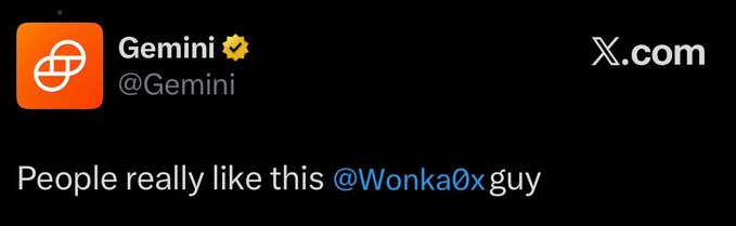 A tweet from the verified Gemini (@Gemini) account on X.com reads "People really like this @Wonka0xguy," highlighting and endorsing the user behind the $WONKA project.