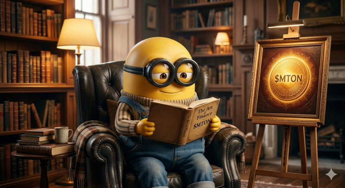 The image features a cartoon character, likely a minion from the movie Minion, sitting in an armchair with a book open in front of them. The character has a yellow body and glasses, giving them a unique appearance. The background includes a bookshelf filled with numerous books, suggesting that this scene takes place in a library or reading area. The caption to the image reads "MINION #MTON #MINION #TON".