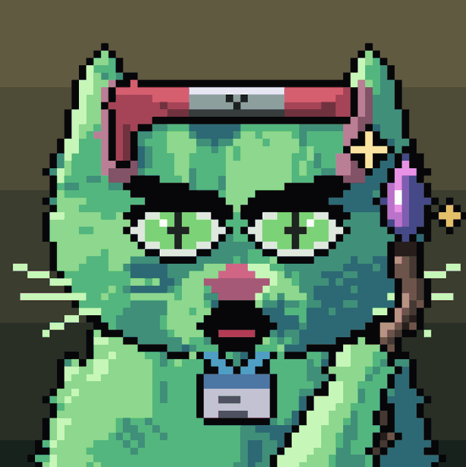 Pixel art portrait of a green cat-like character wearing dark glasses, a red headband, and a blue collar with a tag, holding a staff with a purple crystal.