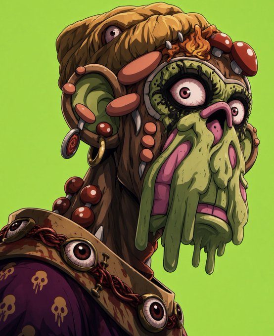 A grotesque, cartoonish green-skinned character with melting facial features, bulging eyes, and a brown furry hat adorned with mushrooms and beads is depicted against a bright green background. The character wears a skull-patterned purple garment, matching the style of Bored Ape Yacht Club (BAYC) NFTs referenced in the post, which suggests the "no fading" message refers to the permanence of these digital collectibles in the crypto space.