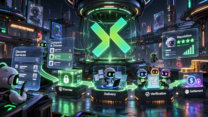 A futuristic, neon-lit digital illustration featuring a green 'X' logo in the center, surrounded by floating screens and robots, with labels for 'Escrow', 'Delivery', 'Verification', and 'Settlement'.