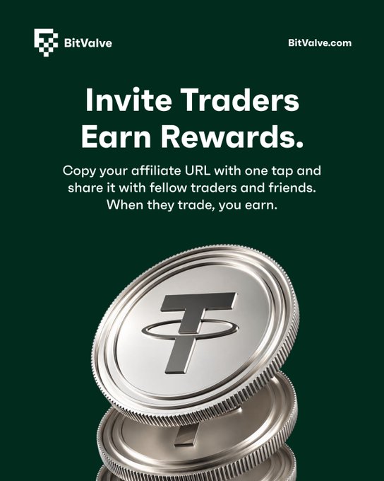 A dark green promotional graphic for BitValve features the text 'Invite Traders Earn Rewards.' and explains an affiliate program, accompanied by an image of stacked silver coins with the Tether (USDT) logo.