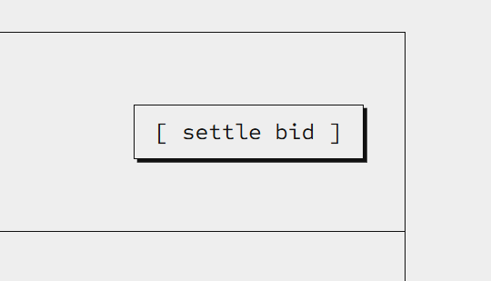 A close-up of a button labeled "[ settle bid ]" displayed on a screen, indicating the new feature allowing users to settle outbid bids and receive partial ETH refunds as described in the accompanying post.